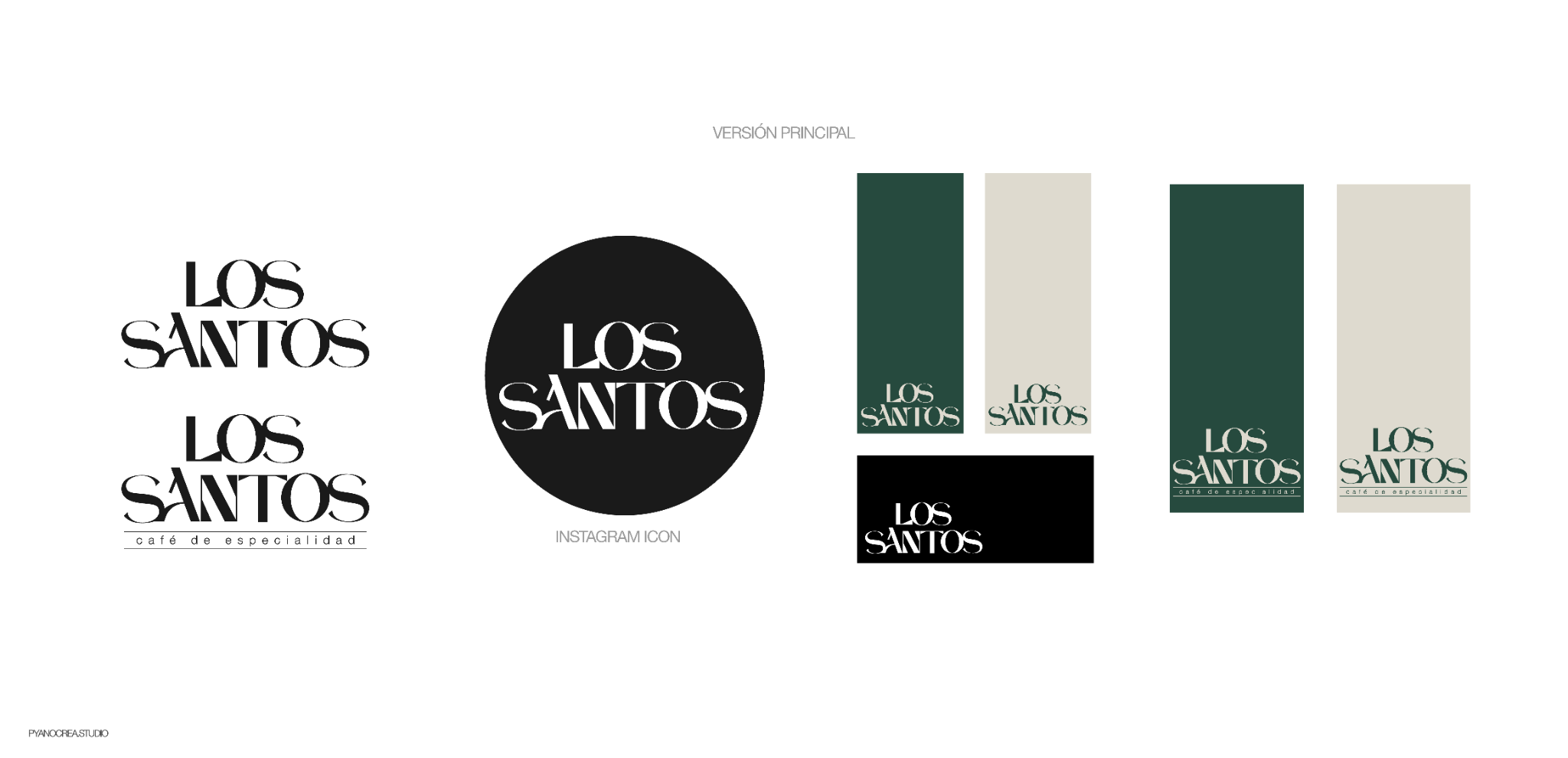 Los Santos logo variations in black, green and sand, with visual identity colour studies.