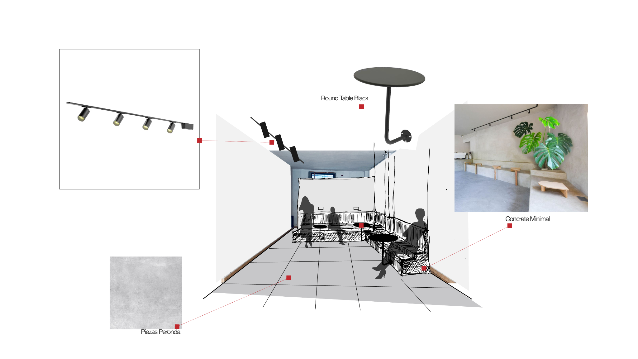 Interior design study combining a perspective drawing, furniture, lighting and material references.