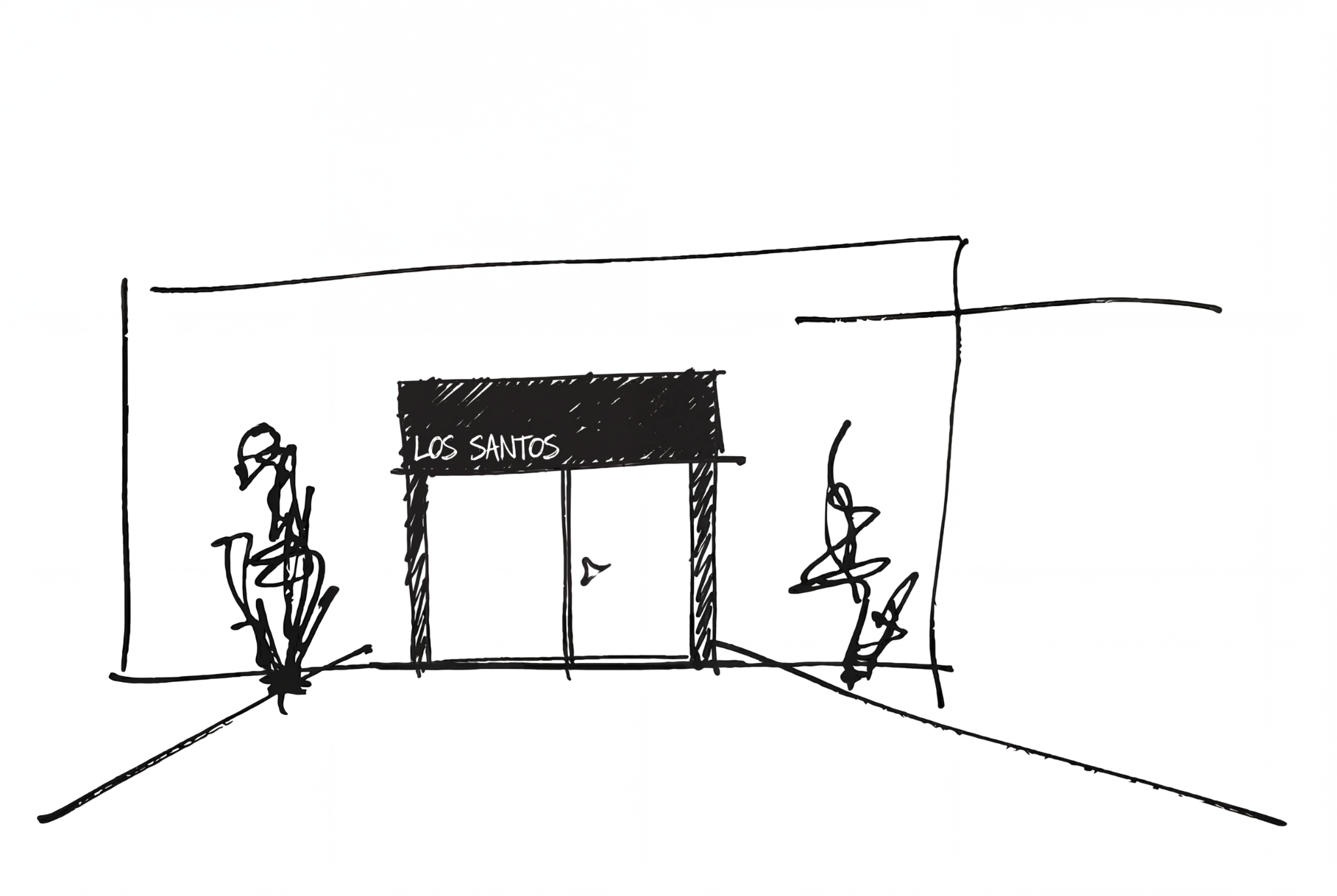 Black line concept illustration of the café entrance, sign and planting.
