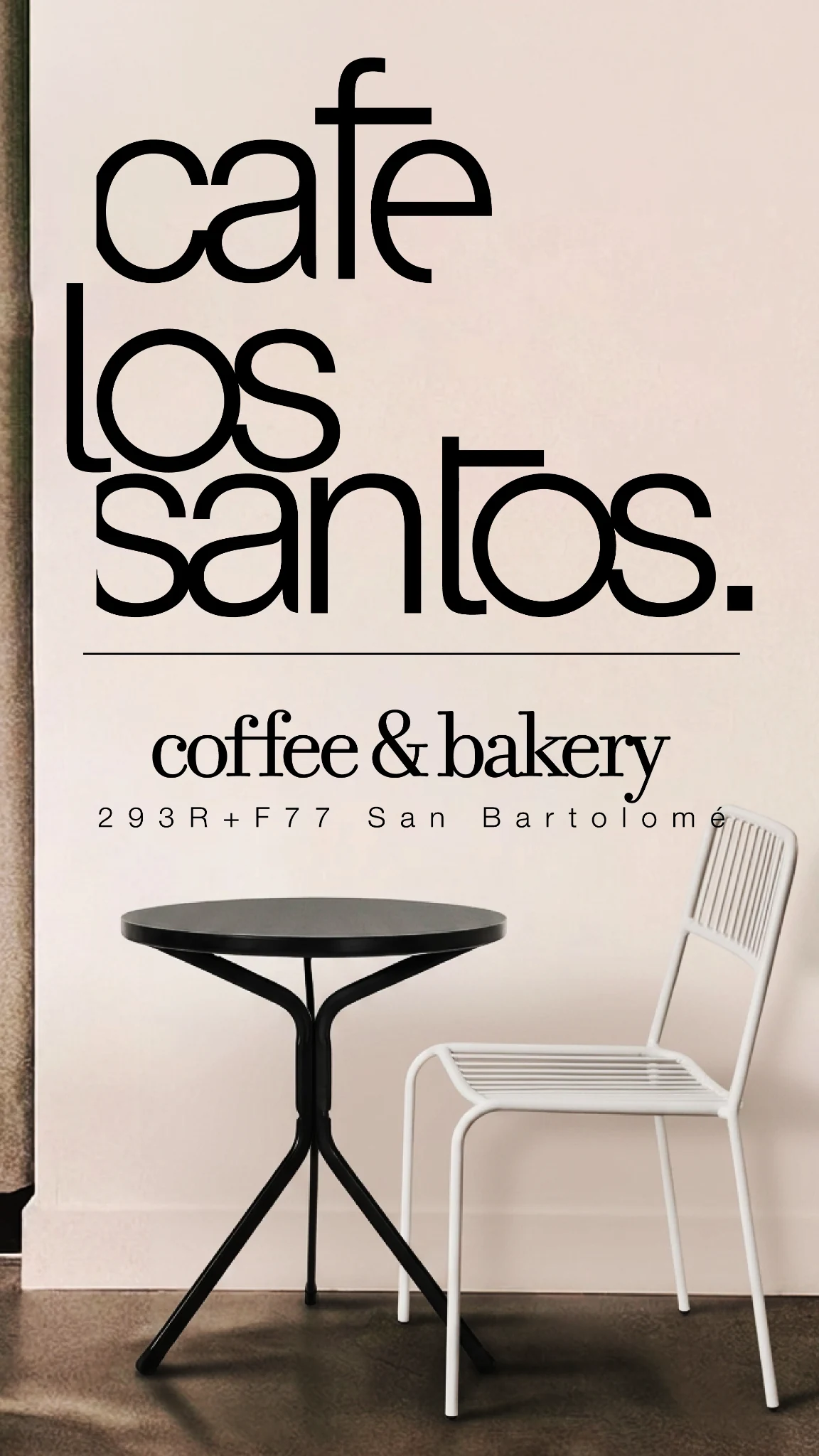 Typographic communication study for Los Santos over a photograph of a table and chair.