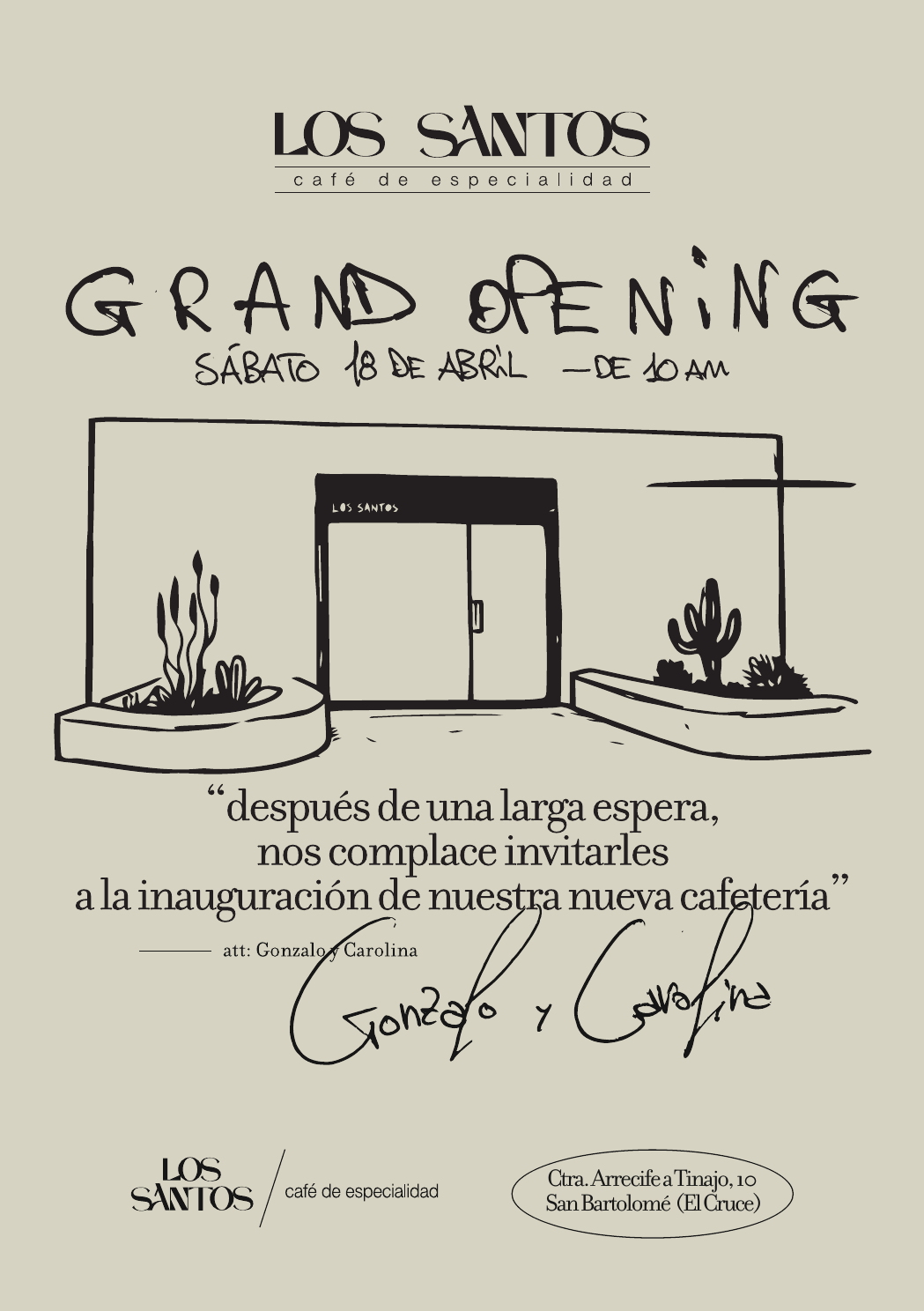 Sand-coloured opening invitation with Los Santos logo and illustrated entrance.