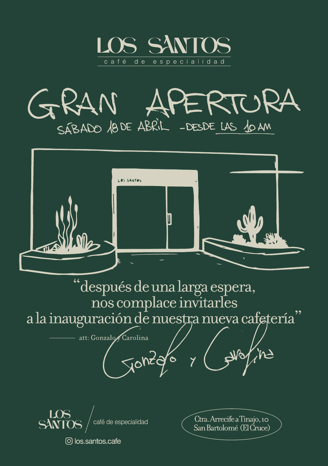 Green opening invitation with Los Santos logo and illustrated entrance.